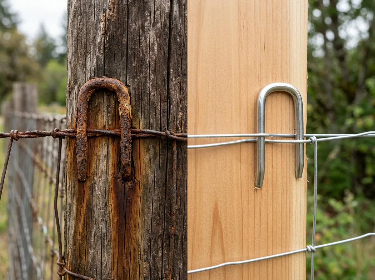 Corroded rusted fence staple vs new stainless steel fence staple comparison