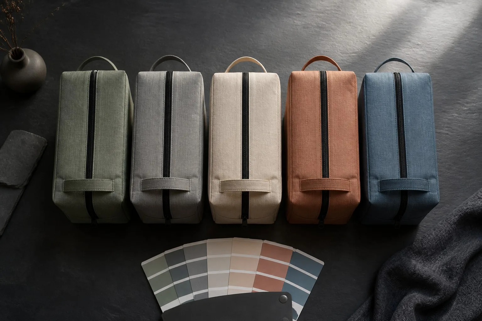 Five storage bins in Morandi neutral tones — sage, grey, cream, terracotta, dusty blue