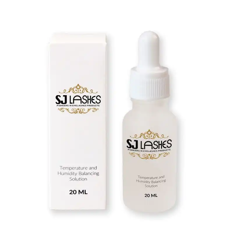 Temperature and humidity balancing solution 20ml frosted glass dropper bottle with gold foil flourish logo beside its matching white paper box - custom private label eyelash balancing solution packaging
