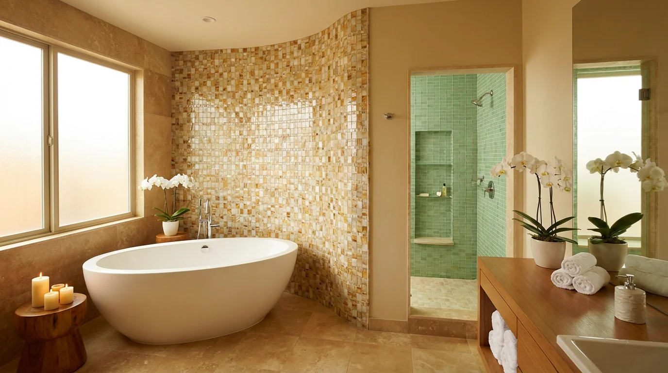 Luxury spa bathroom with handmade mosaic tile feature wall and jade green glass tiles in shower