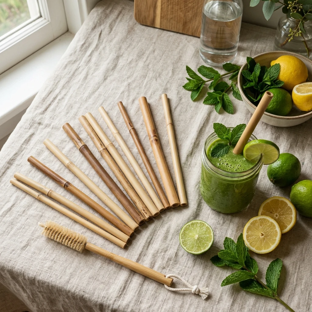 Decorative organic bamboo straws fanned on linen cloth with cleaning brush smoothie jar and fresh citrus flat-lay