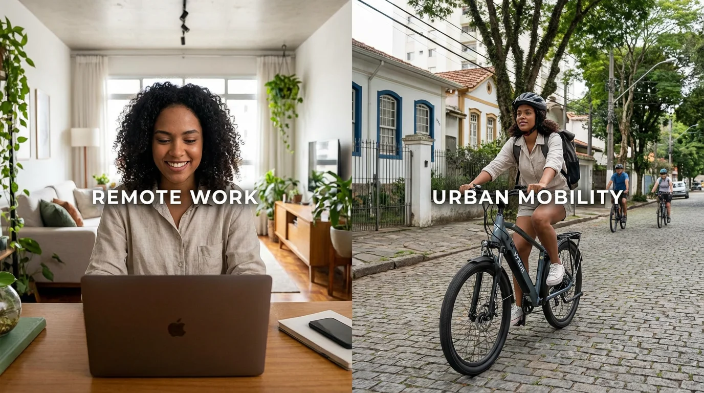 Profissional brasileiro alternando entre home office e e-bike para coworking