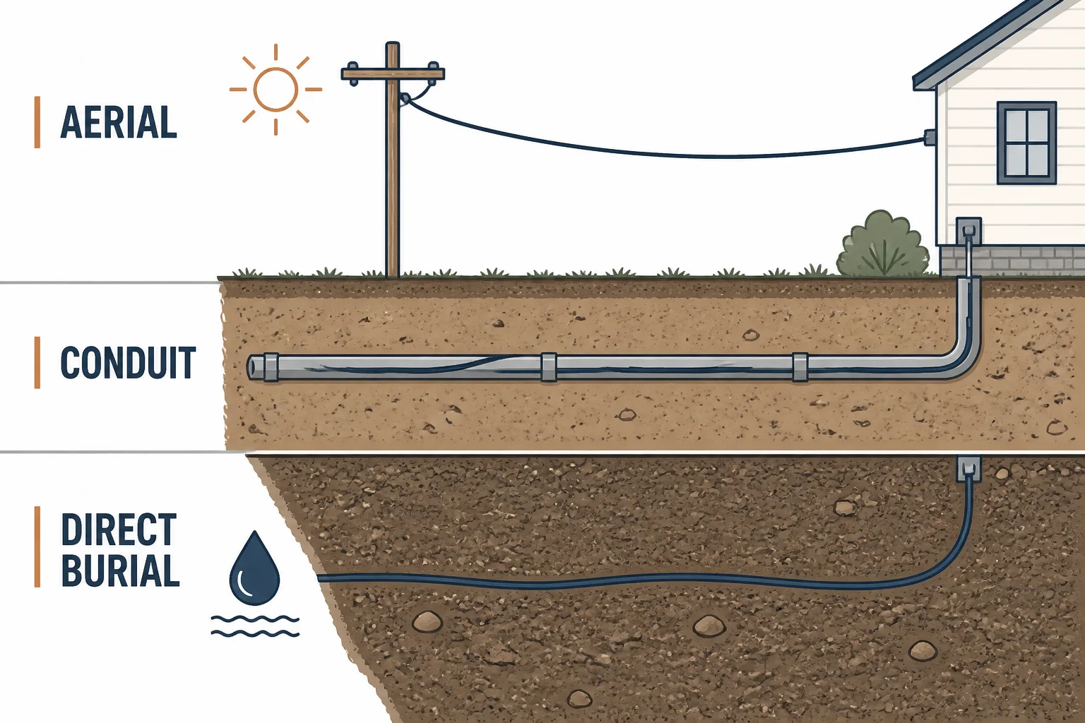 Ground cross-section showing aerial, conduit and direct burial cable routes