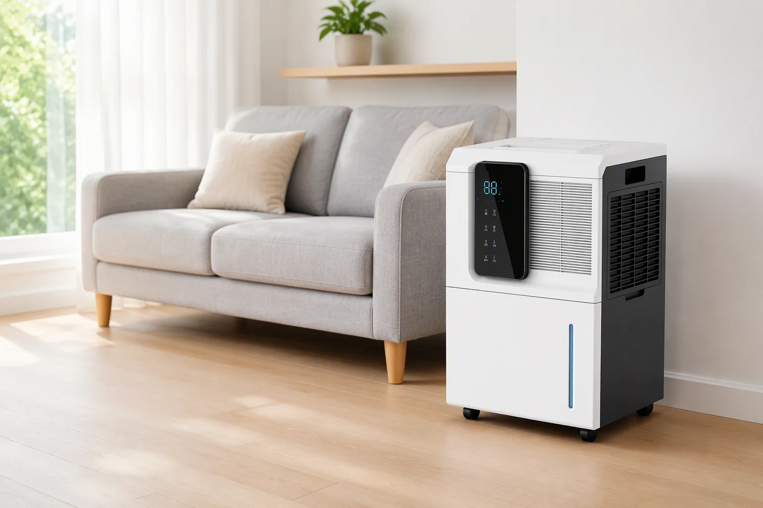 White dehumidifier in a bright living room beside a gray sofa