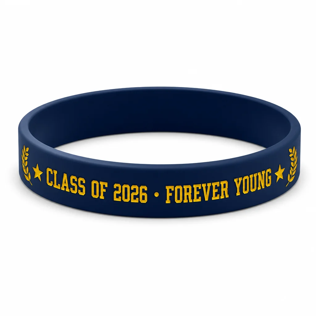 Custom collegiate varsity graduation commemorative silicone wristband hero white background