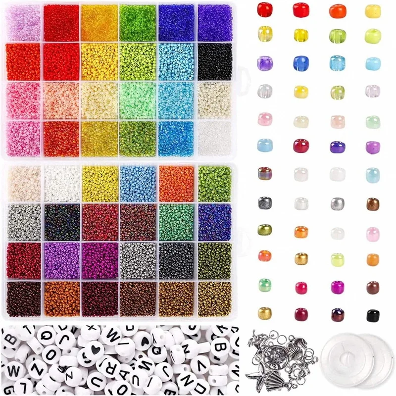 

48 Colors 35000pcs Handmade DIYJewelry Making Kit Bracelets Alphabet Bead Craft Glass Pony Round 2MM Glass Seed Beads Kit Set