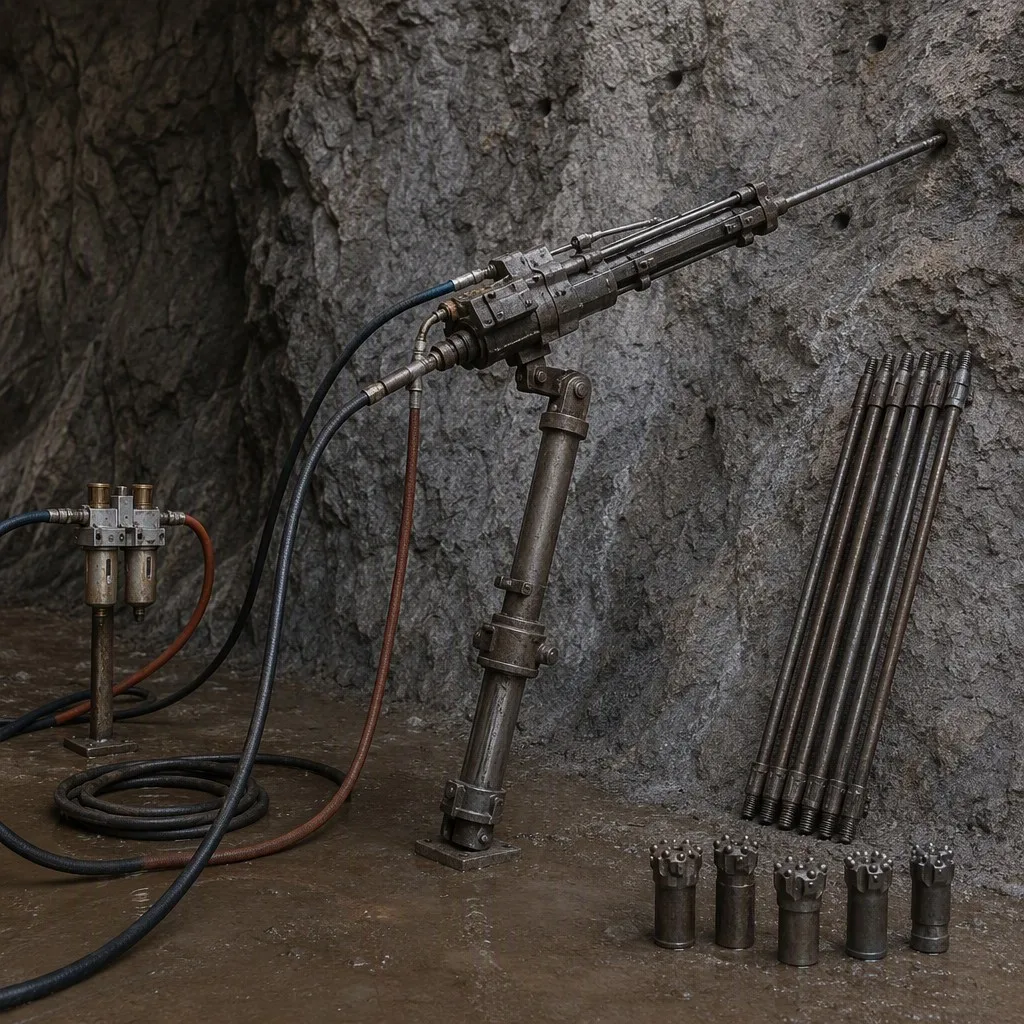 Complete pneumatic air-leg rock drilling system
