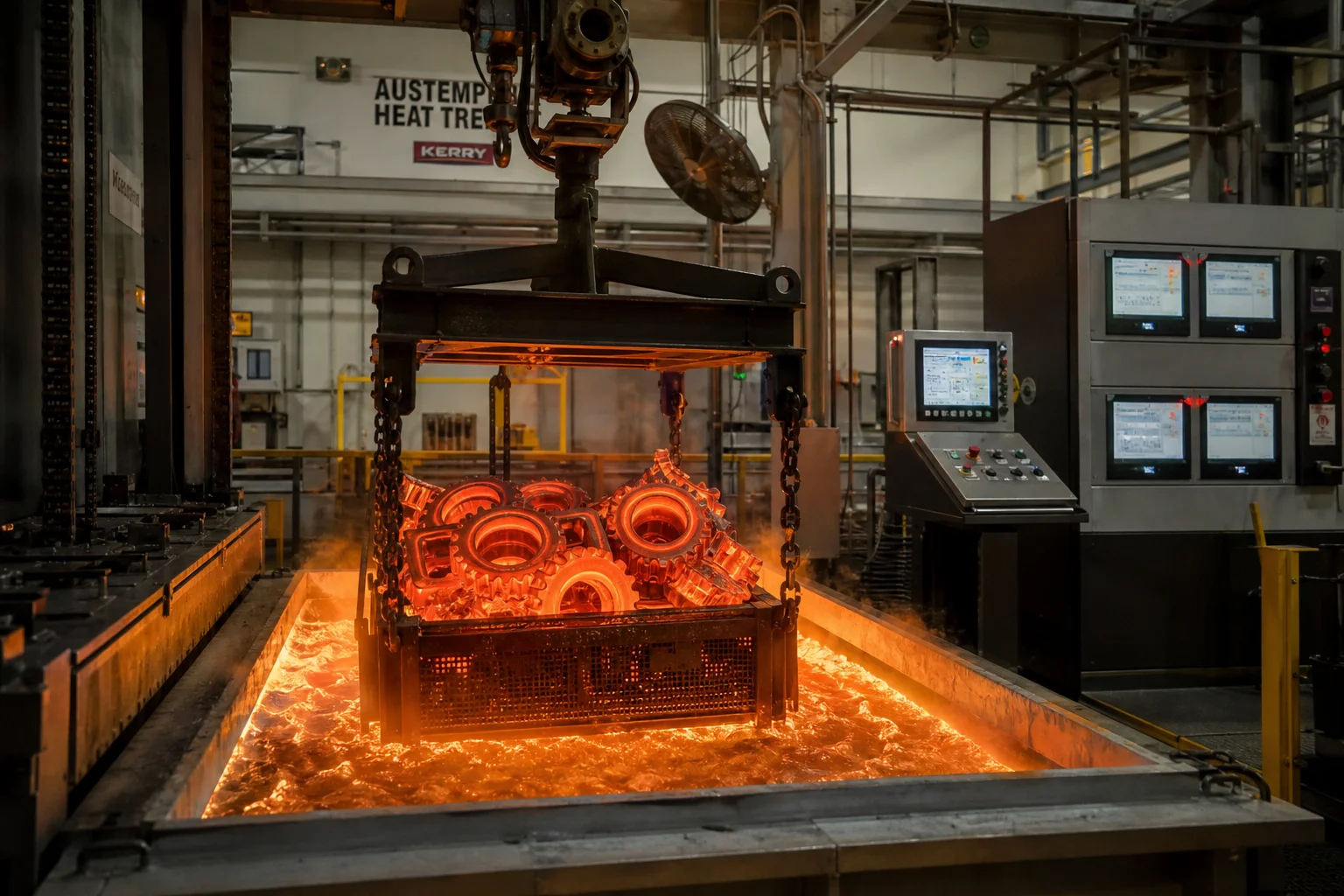 Modern automated molten salt bath austempering line with crane lowering glowing castings