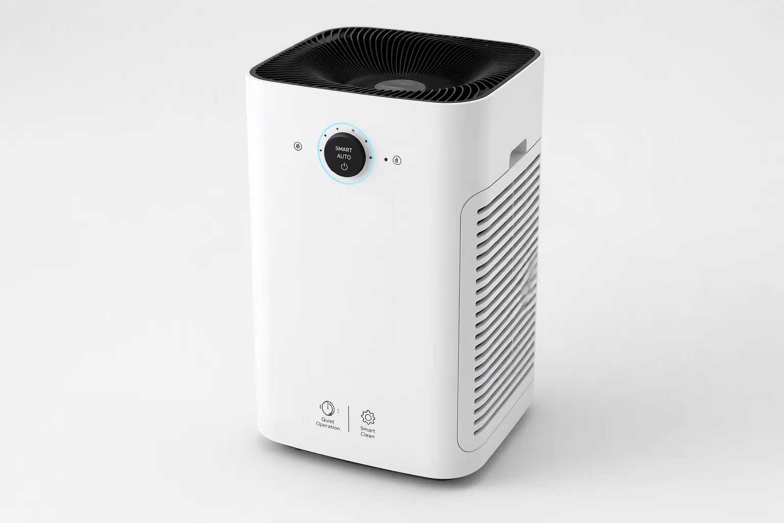 White tower air purifier with black mesh top and round touch dial