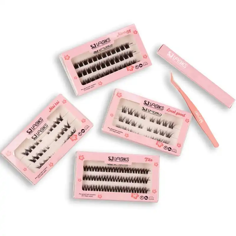 Four pink hibiscus printed lash sleeves with style names, a white lash card and pink tweezers laid out - card and sleeve lash packaging range