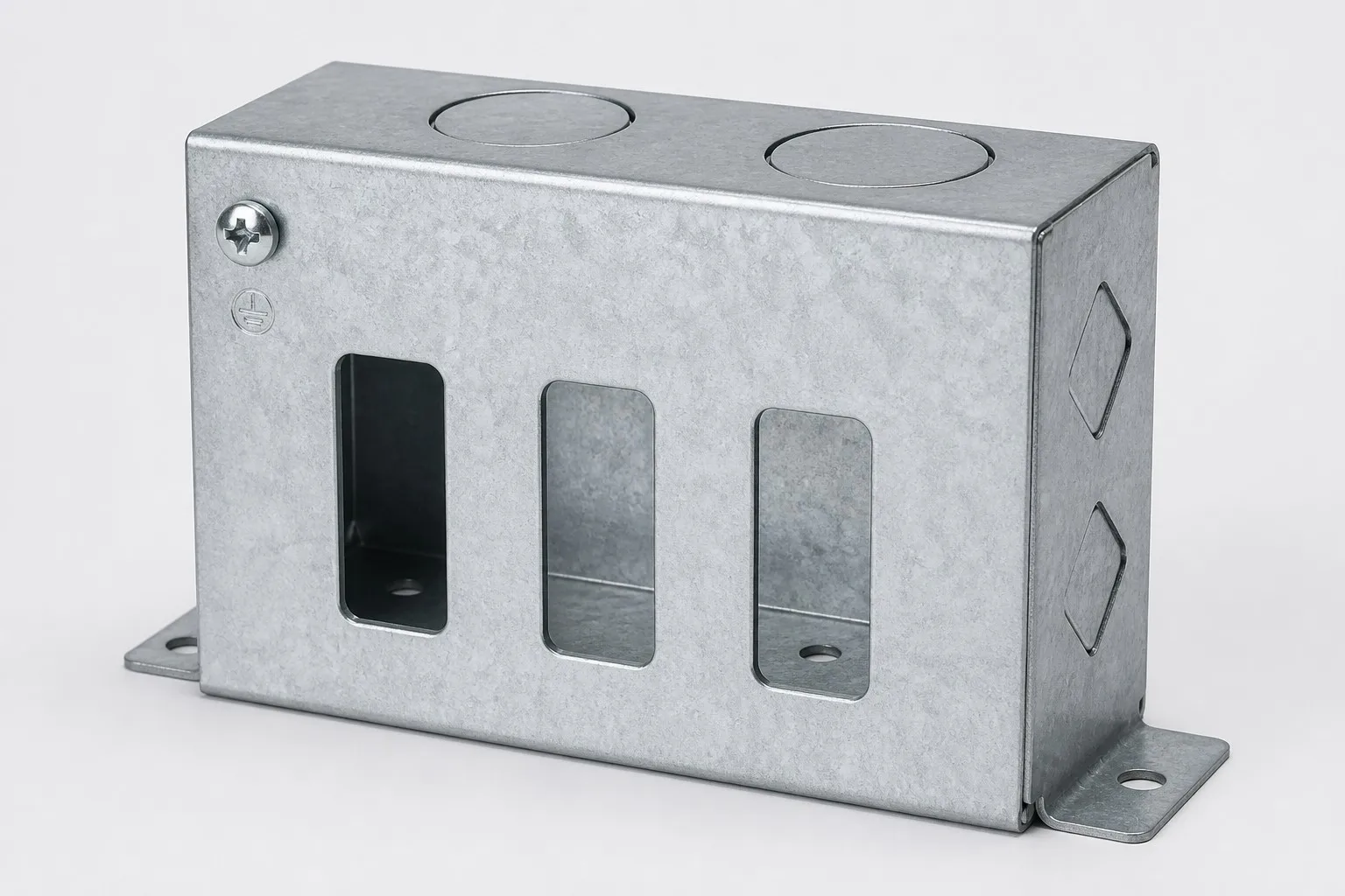 Custom stamped electrical junction boxes - galvanized steel metal stamped enclosure with knockouts, cable slots and mounting tabs, fabricated by DeepLink Metal Fab.