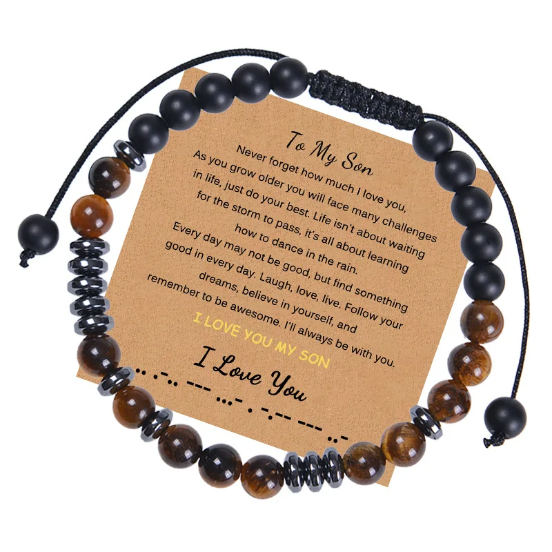 

To My Son I Love You Luck Morse Code Gemstone Bracelet Letter Natural Yellow Tiger Eye Stone Bracelets For Women Men Jewelry