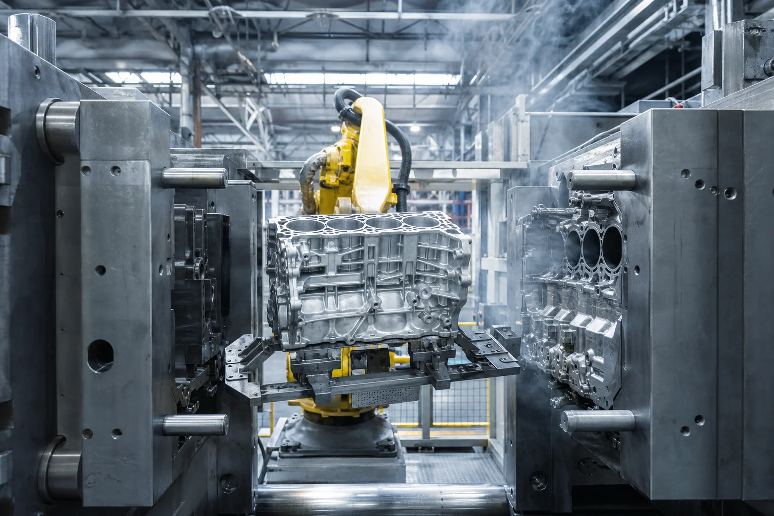 Modern automated high-pressure aluminum die-casting machine operating with cast tool steel molds