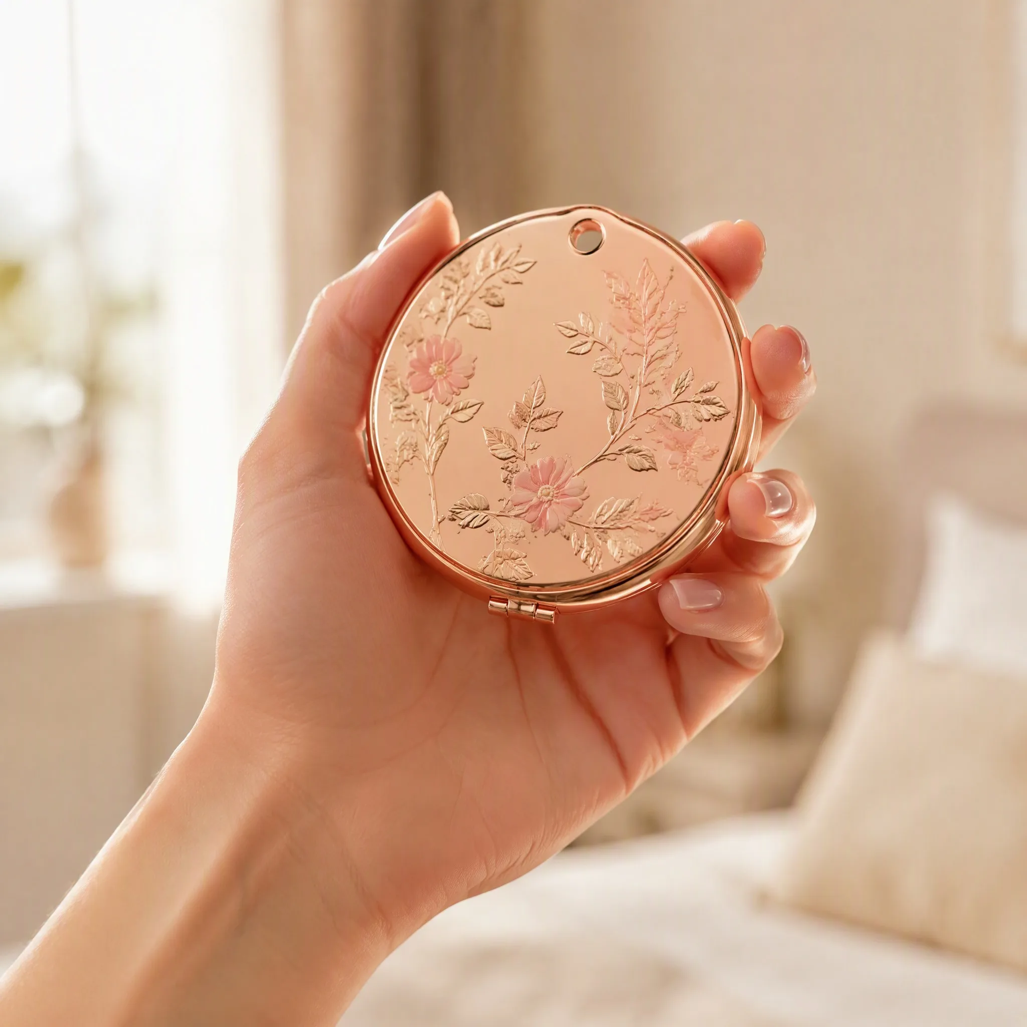 Holding the custom metal makeup mirror in hand