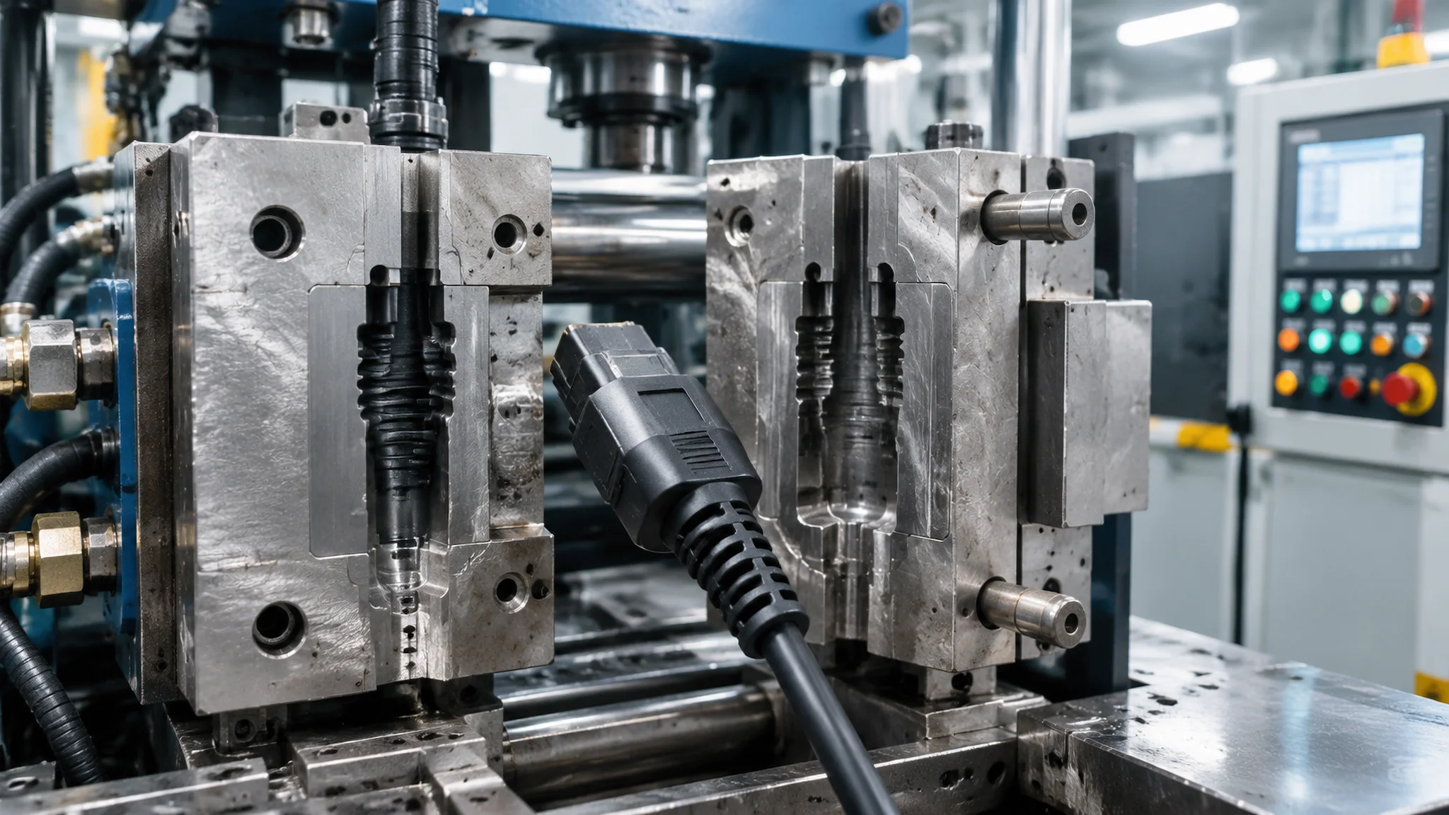 Overmoulding machine forming a strain relief on a custom cable connector