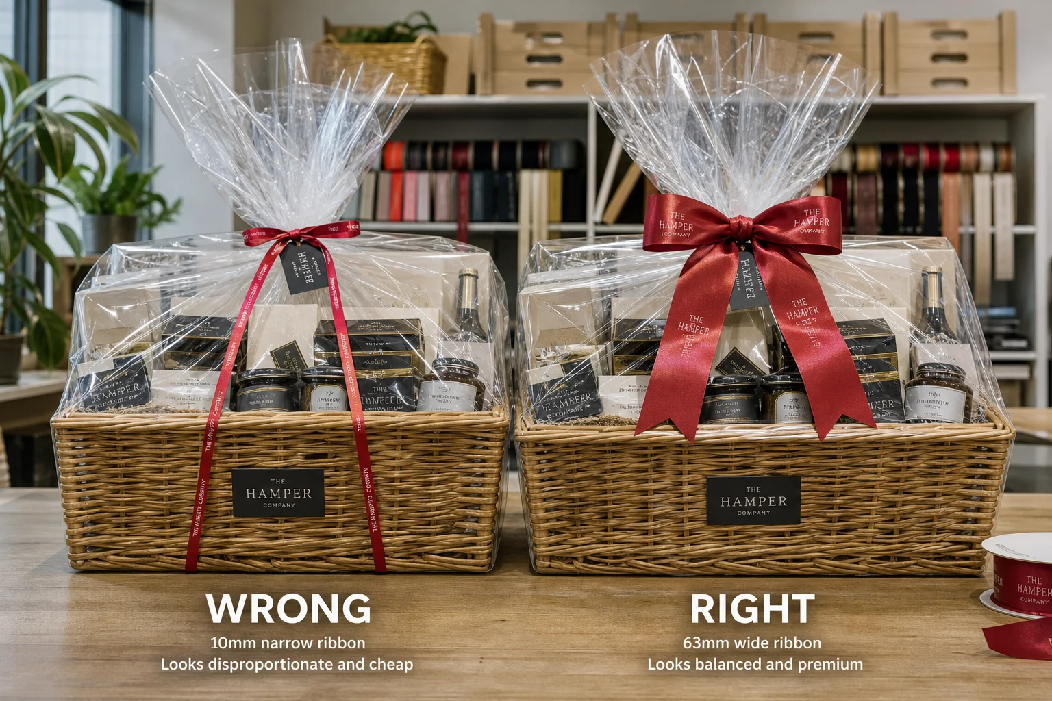 Wrong ribbon width on large gift hamper versus correct proportional ribbon choice