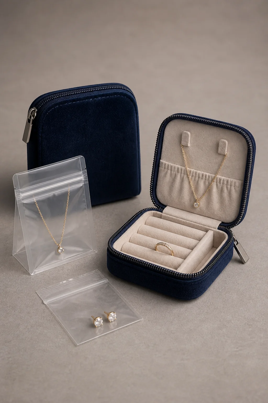 Zipper jewelry packaging set: navy velvet zip-around jewelry case closed, a second case open showing ring rolls and a necklace panel, an upright zip-lock bag holding a necklace, and a flat zip-lock pouch holding earrings
