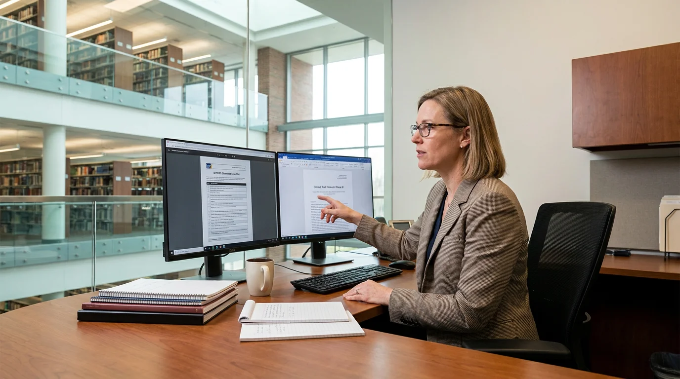 Researcher comparing a manuscript with the STROBE checklist