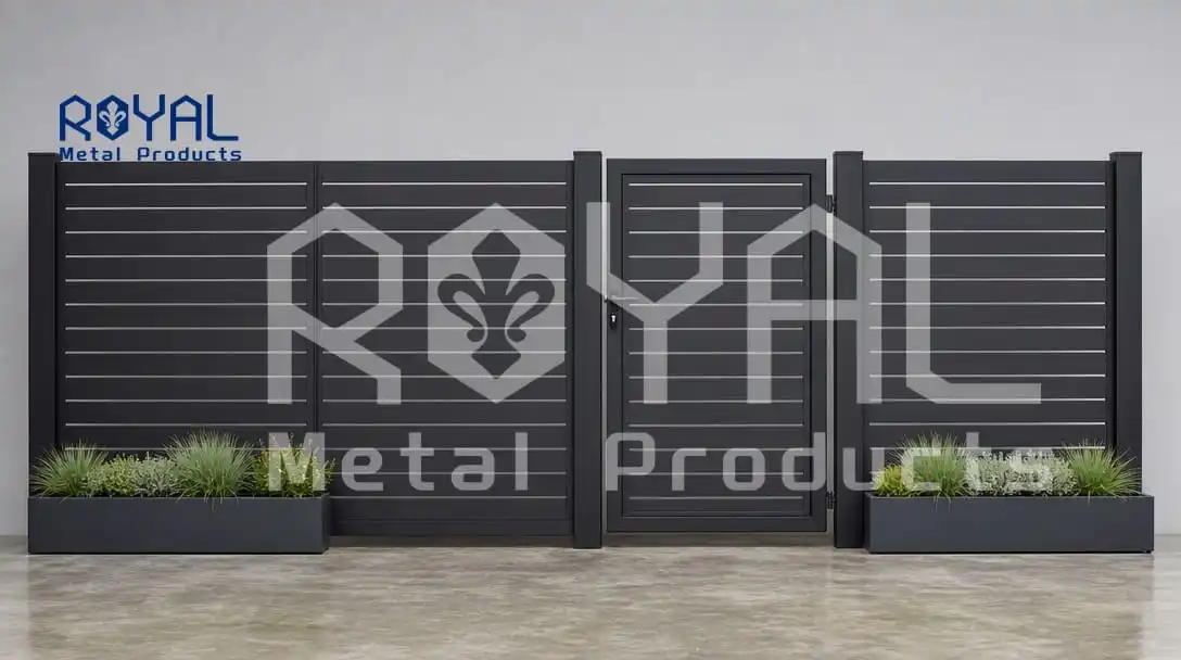 Two matte black aluminium slat fence panels with a matching framed gate on a display platform - modular aluminium fencing system