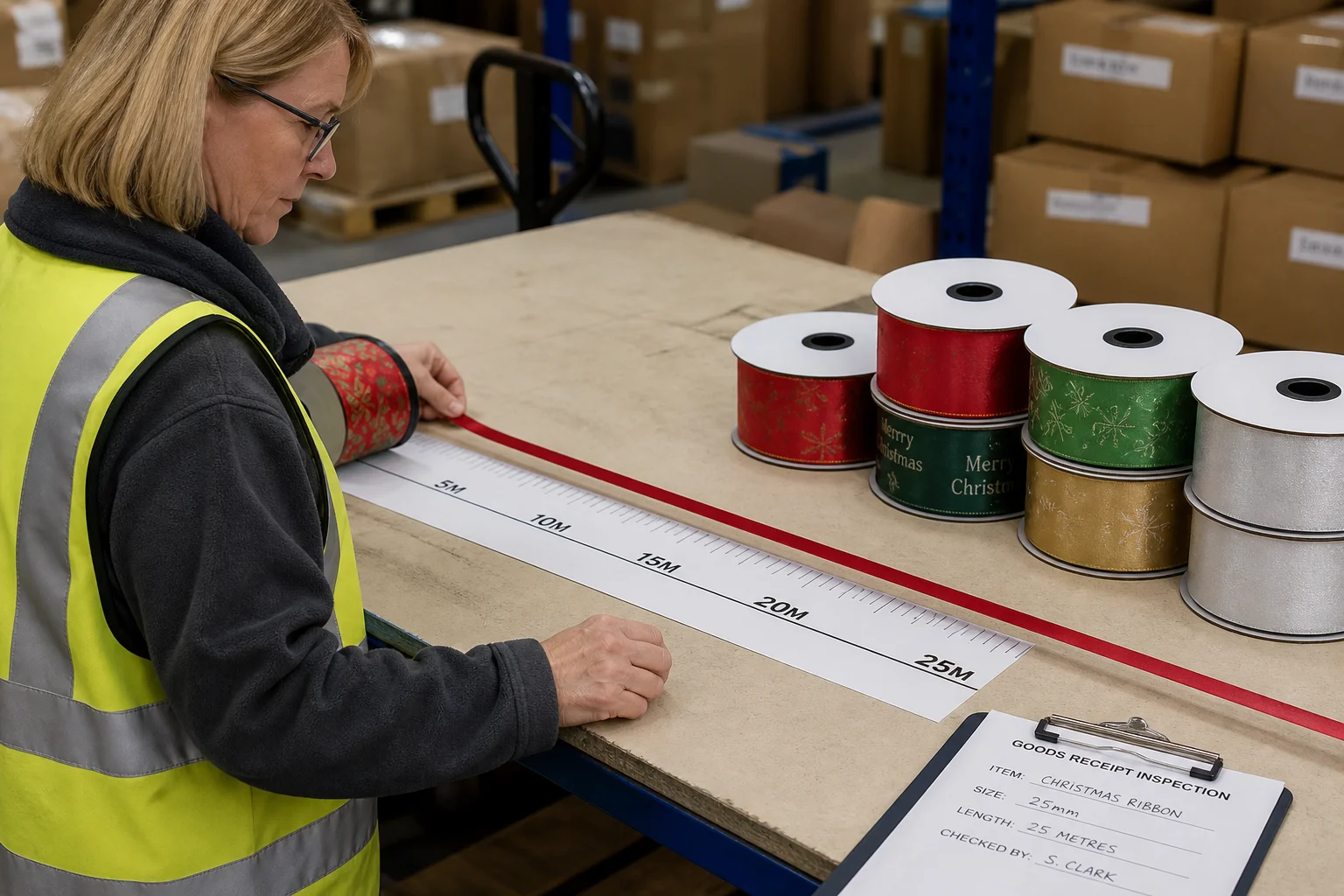 Buyer measuring received ribbon roll length against specification at goods receipt inspection