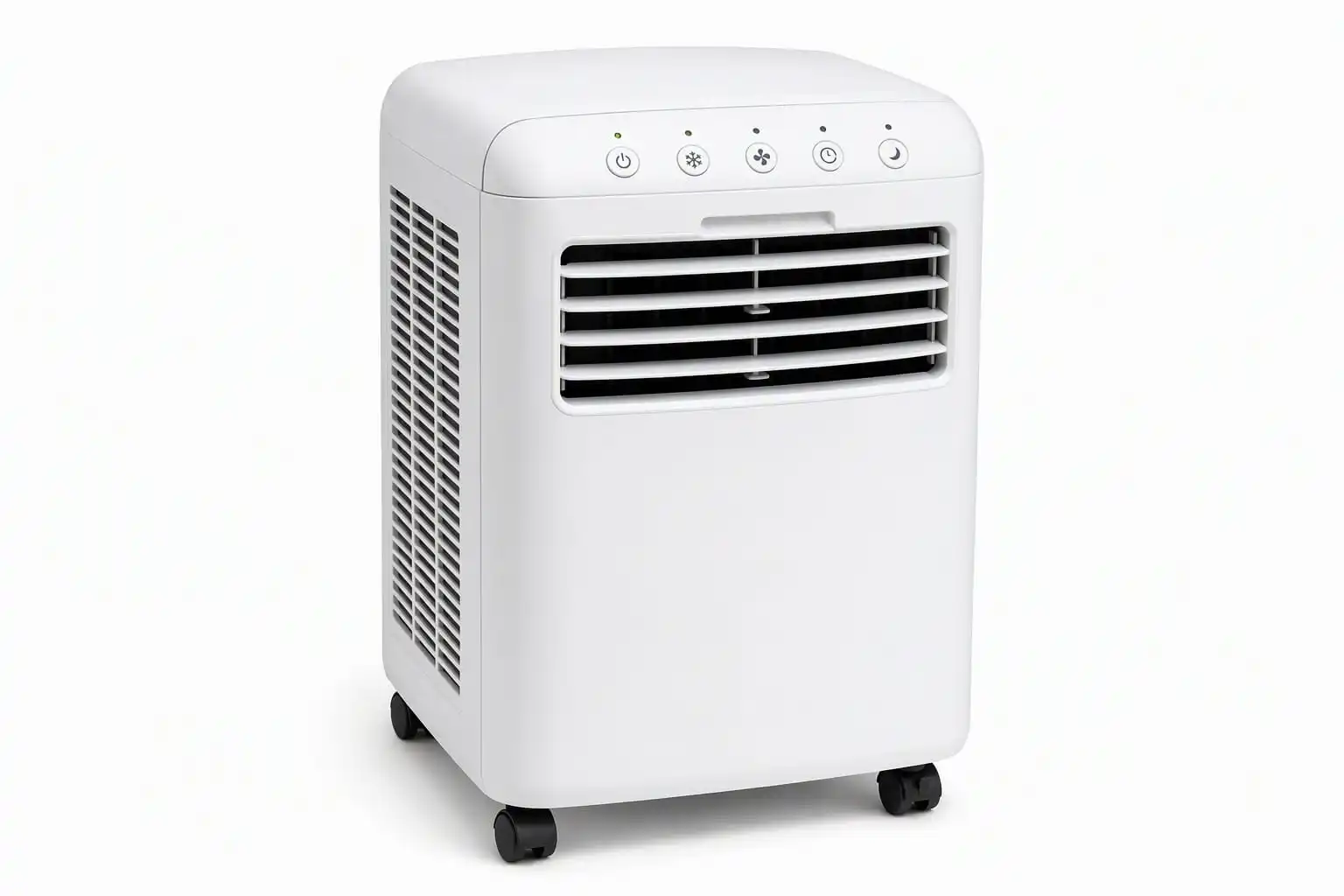 Compact white portable air conditioner with five top membrane keys, front louver discharge and caster wheels