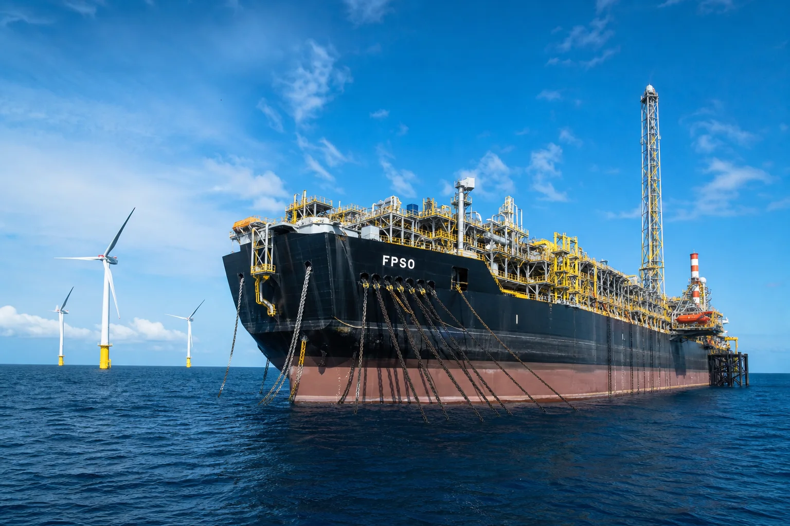 Deepwater floating production storage and offloading FPSO and floating wind turbines in ocean