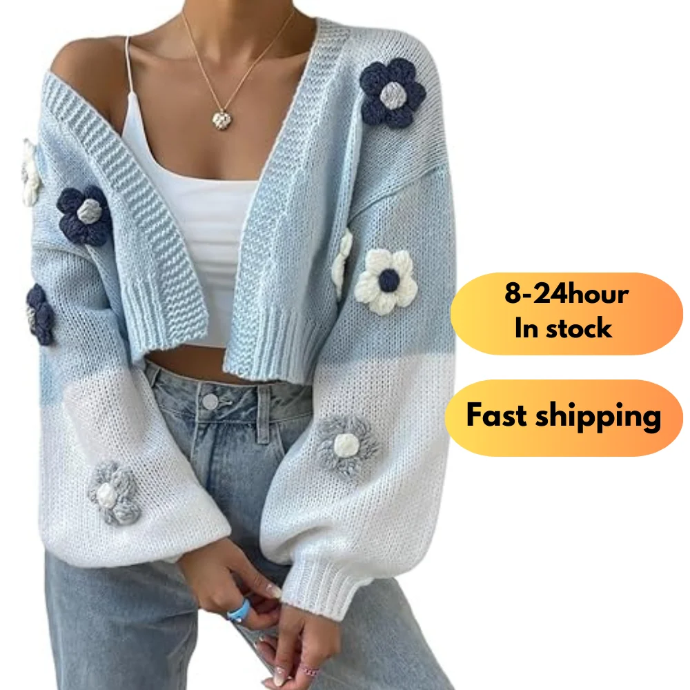 Hot Sale Womens Long Sleeve Open Front Sweaters Floral Colorblock Drop Shoulder Cardigan Women's Sweaters with Buttons