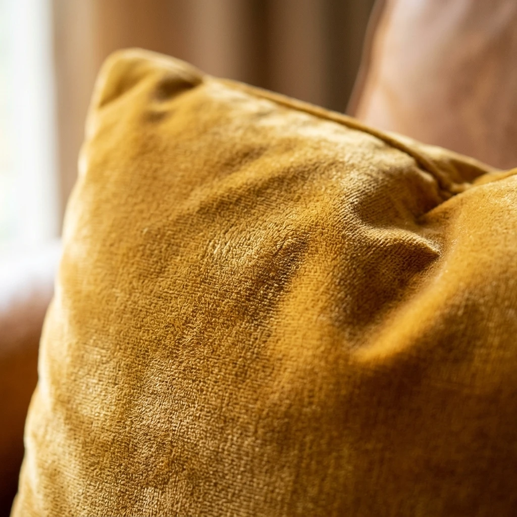Gros plan sur la texture soyeuse et dorée du tissu velours du coussin Ambre
