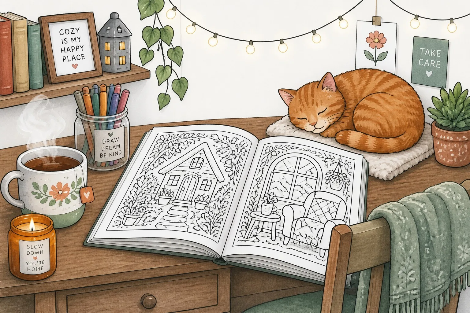 A cozy desk nook with an open coloring book, steaming tea, and a tabby cat — the perfect ADHD-friendly coloring setup