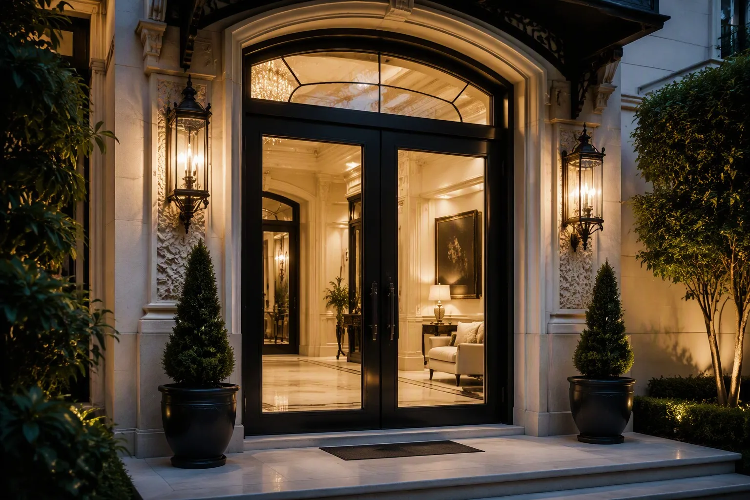 Grand luxury villa entrance with premium black aluminum casement door warm interior twilight