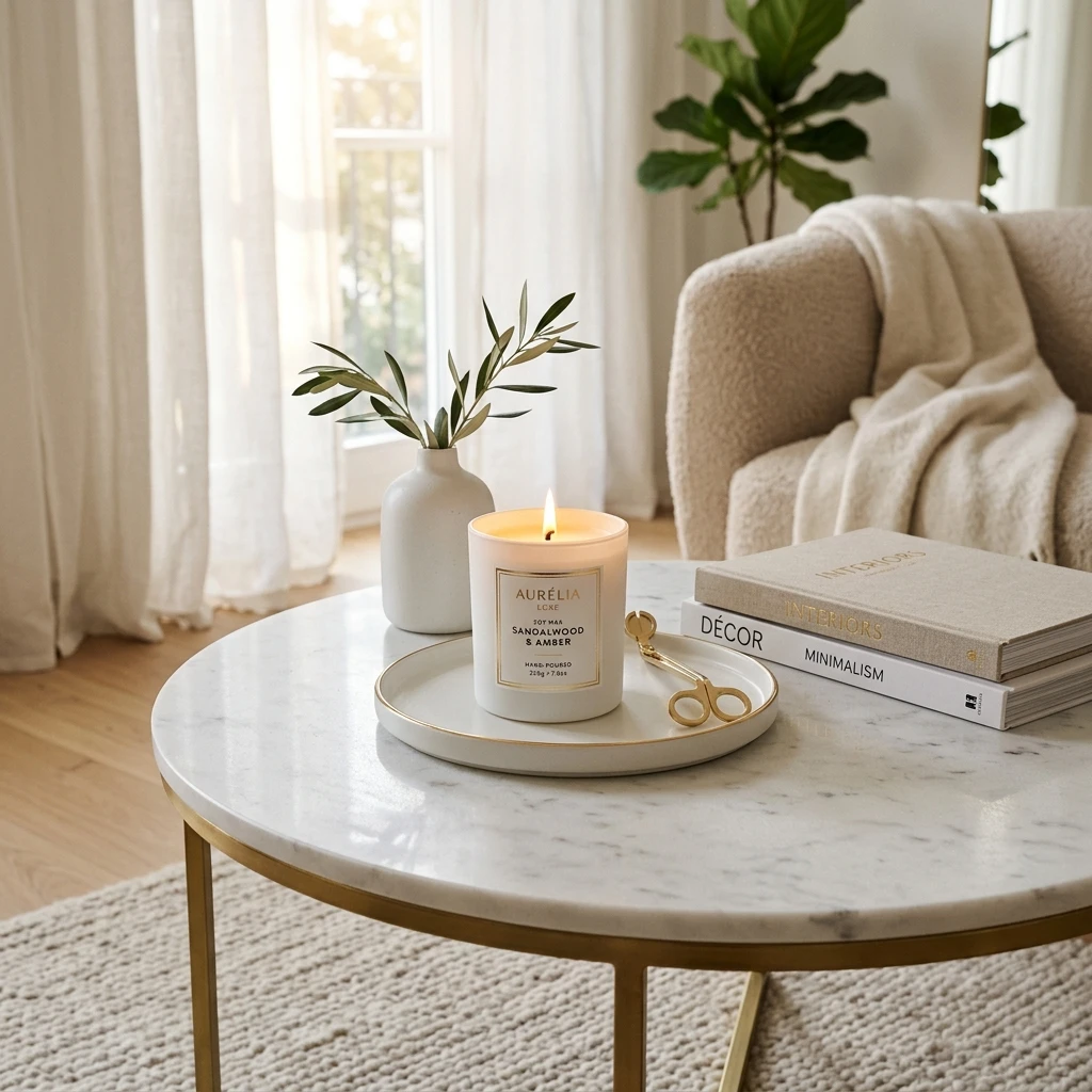 Luxury scented candle on a minimalist European design coffee table