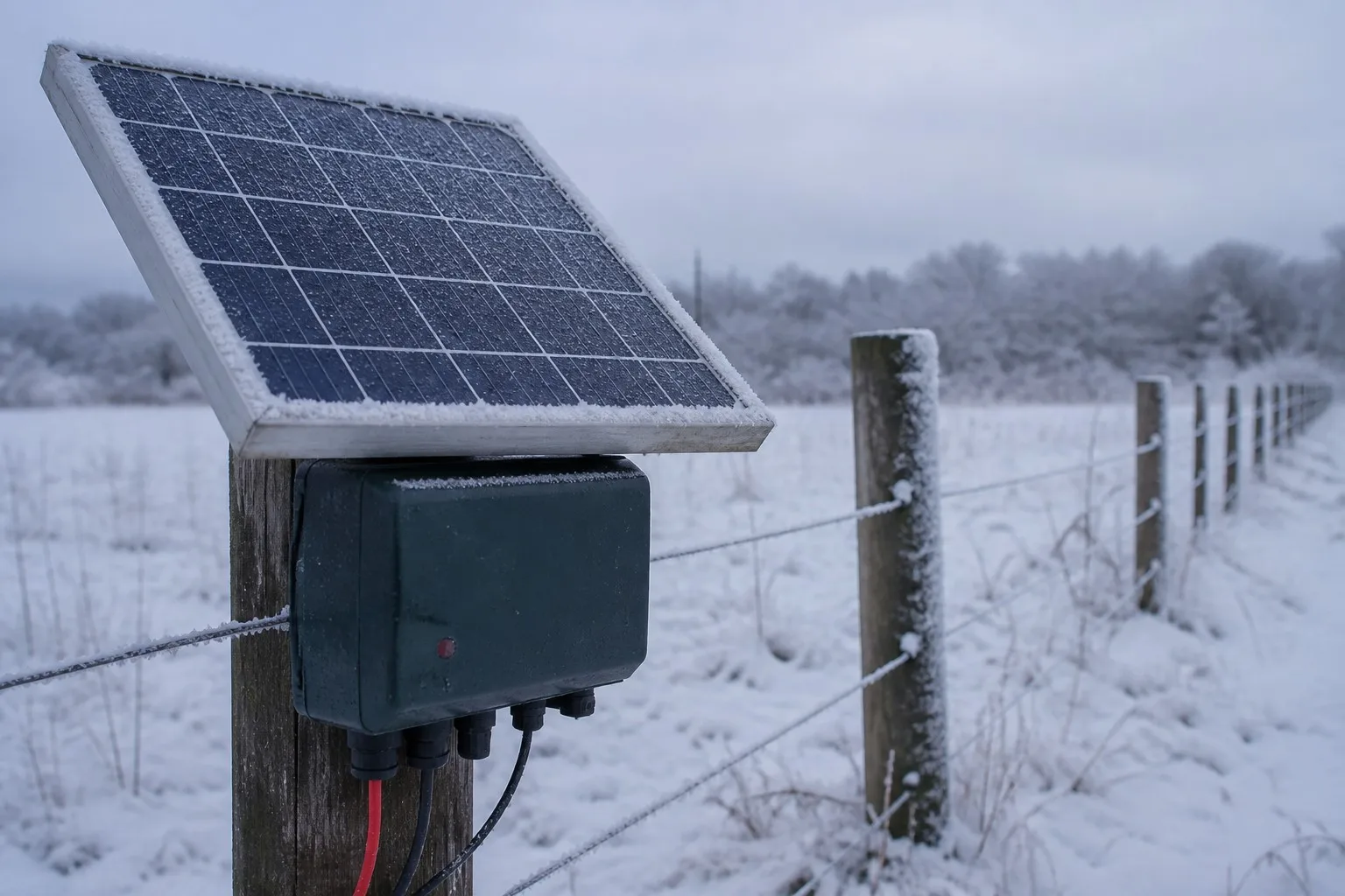Solar electric fence energizer working in snowy winter conditions