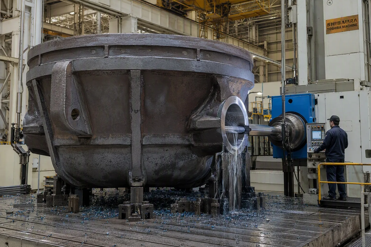 Massive slag pot being machined on horizontal boring mill — trunnion boring operation