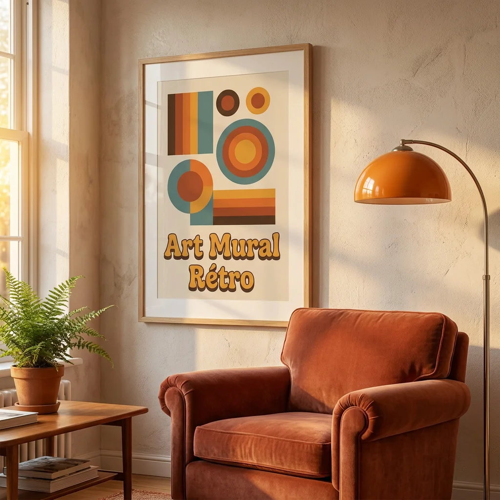 Décoration murale vintage avec affiche rétro 70s dans un salon chaleureux