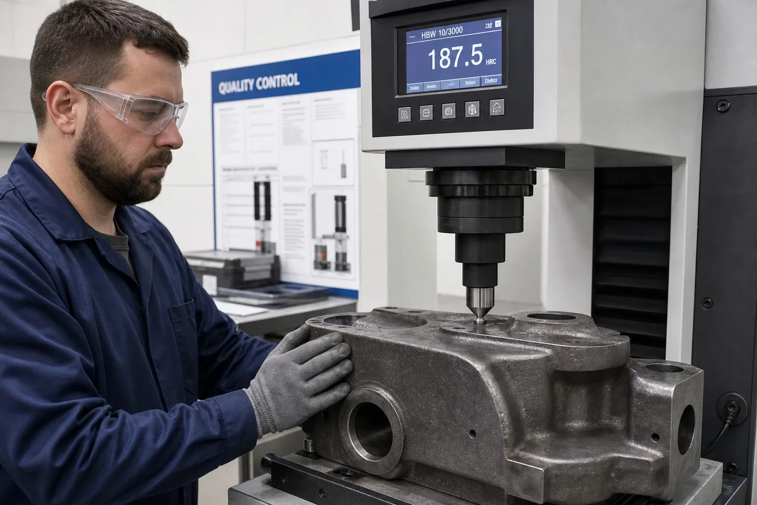 Hardness testing on heat-treated steel casting with Brinell/Rockwell tester