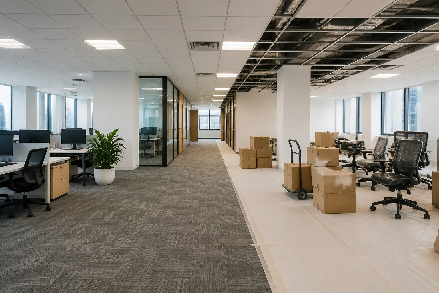 Phased office carpet tile installation around desks during a renovation project