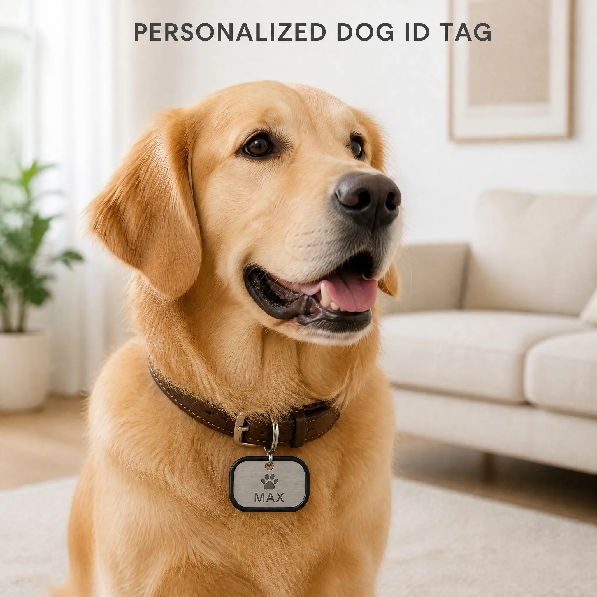 Golden retriever wearing the engraved dog tag - Lifestyle