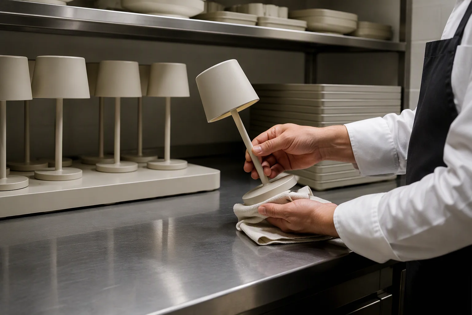 Restaurant staff inspecting unbranded cordless table lamps before fine dining service