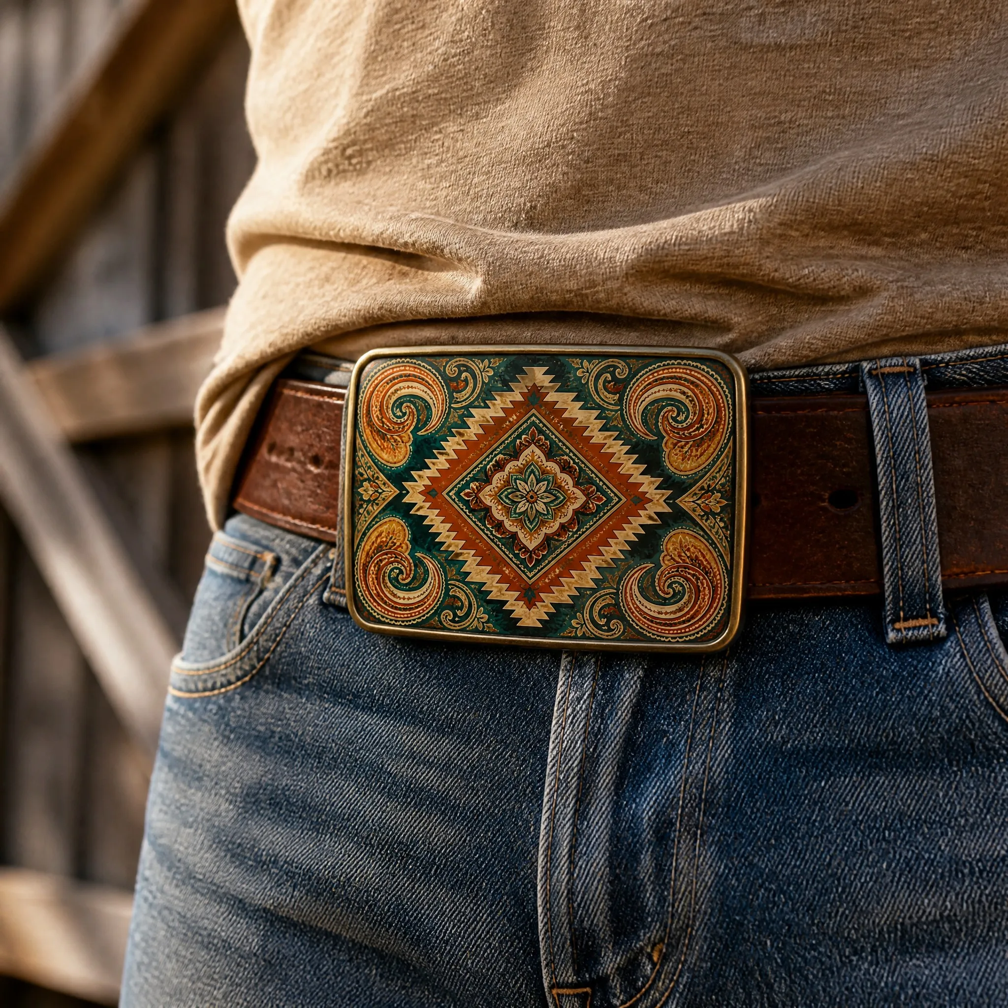 UV print geometric belt buckle on leather belt - Lifestyle