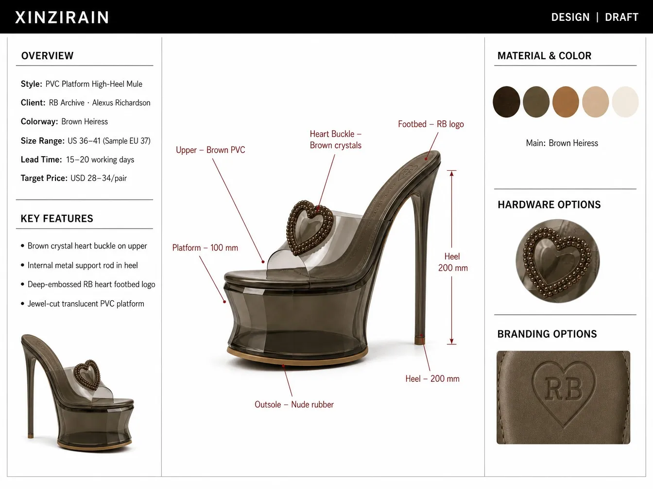 XINZIRAIN tech pack - RB Archive Brown Heiress PVC platform mule: materials, 20 cm heel, 10 cm platform, hardware and branding plan