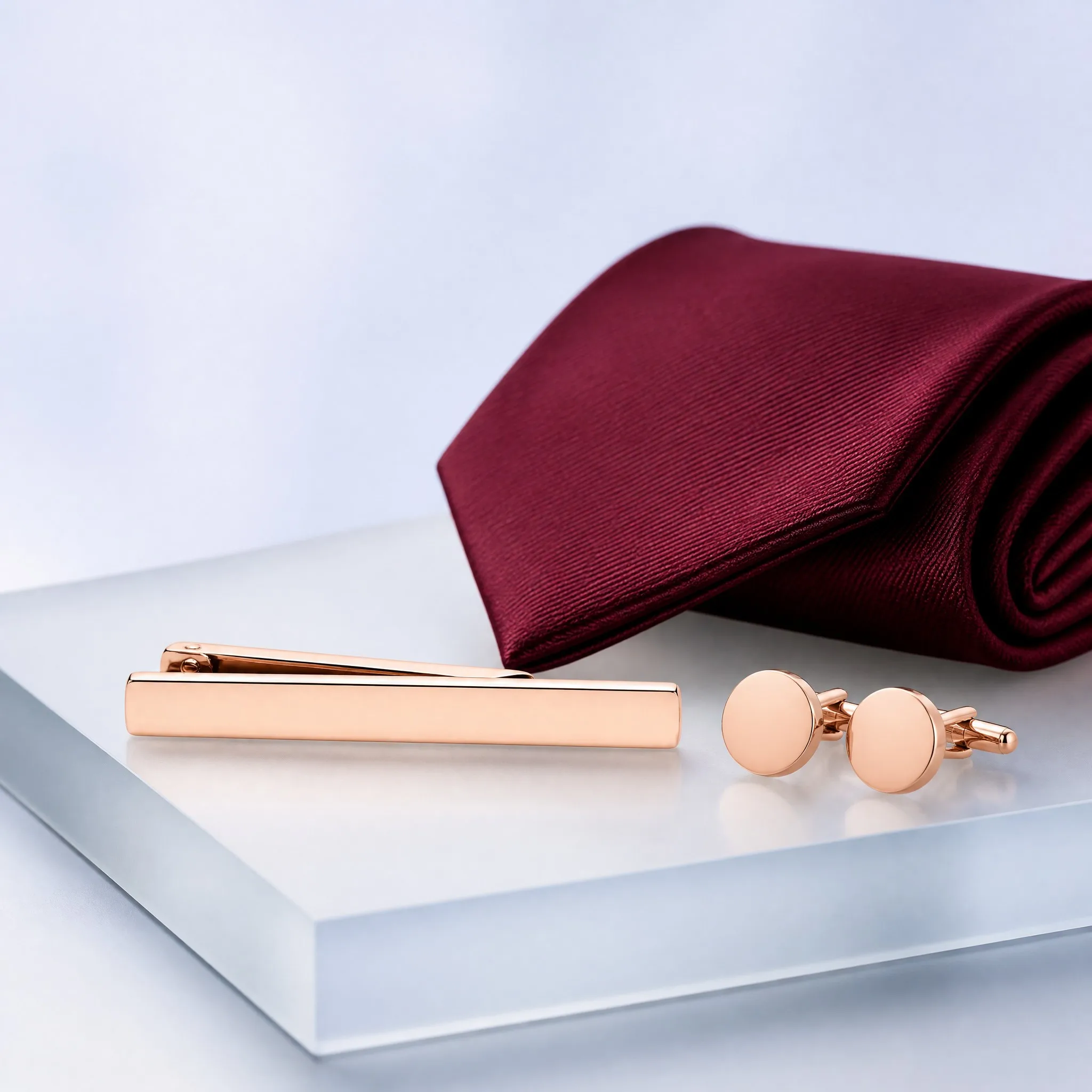 Mirror polished plain tie clip gift scene with tie and cufflinks