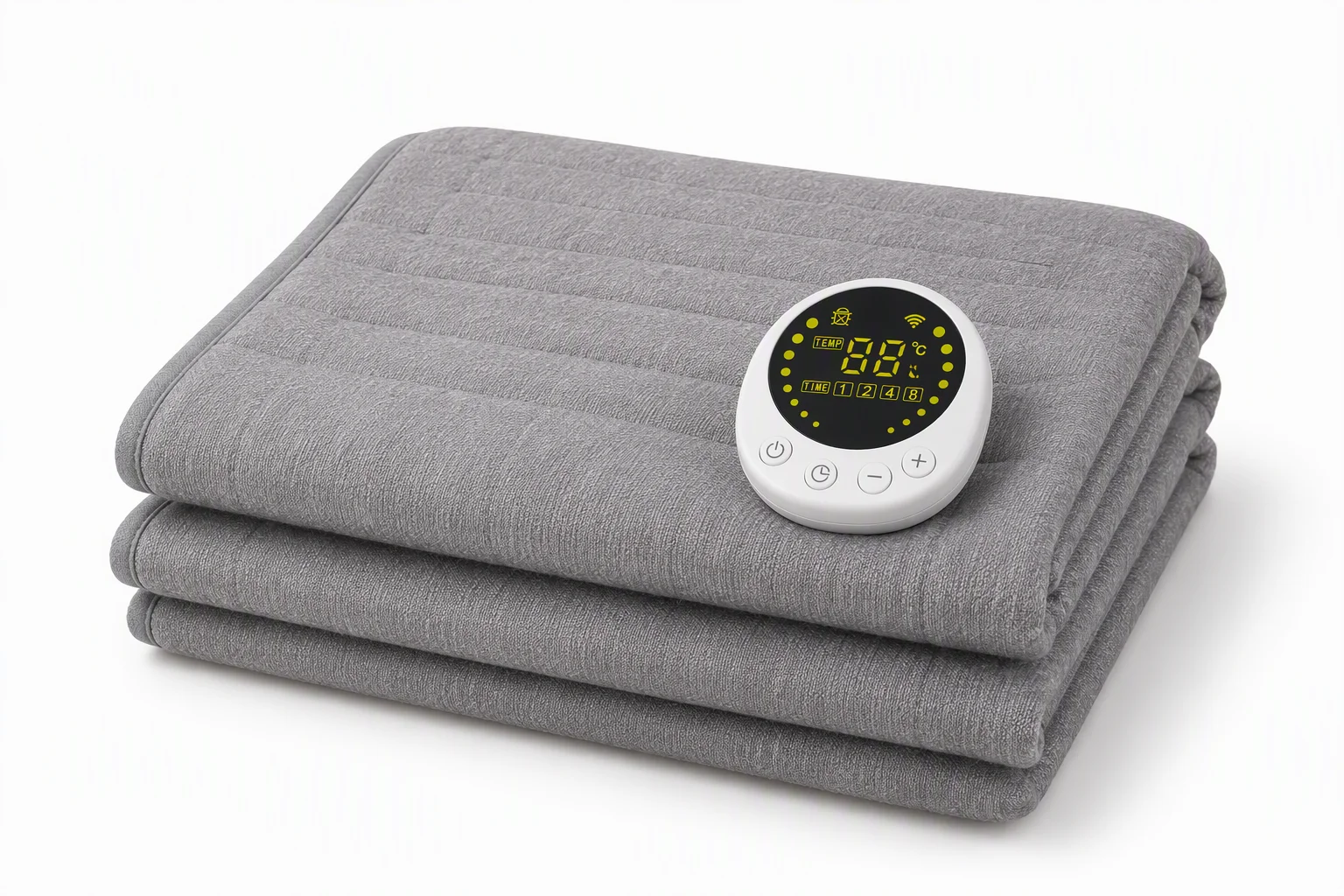 Folded gray water-heated blanket with white round-LCD wireless remote