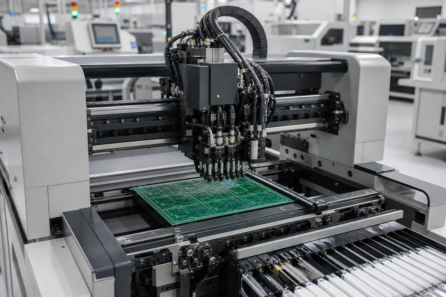 SMT pick-and-place machine over a PCB panel