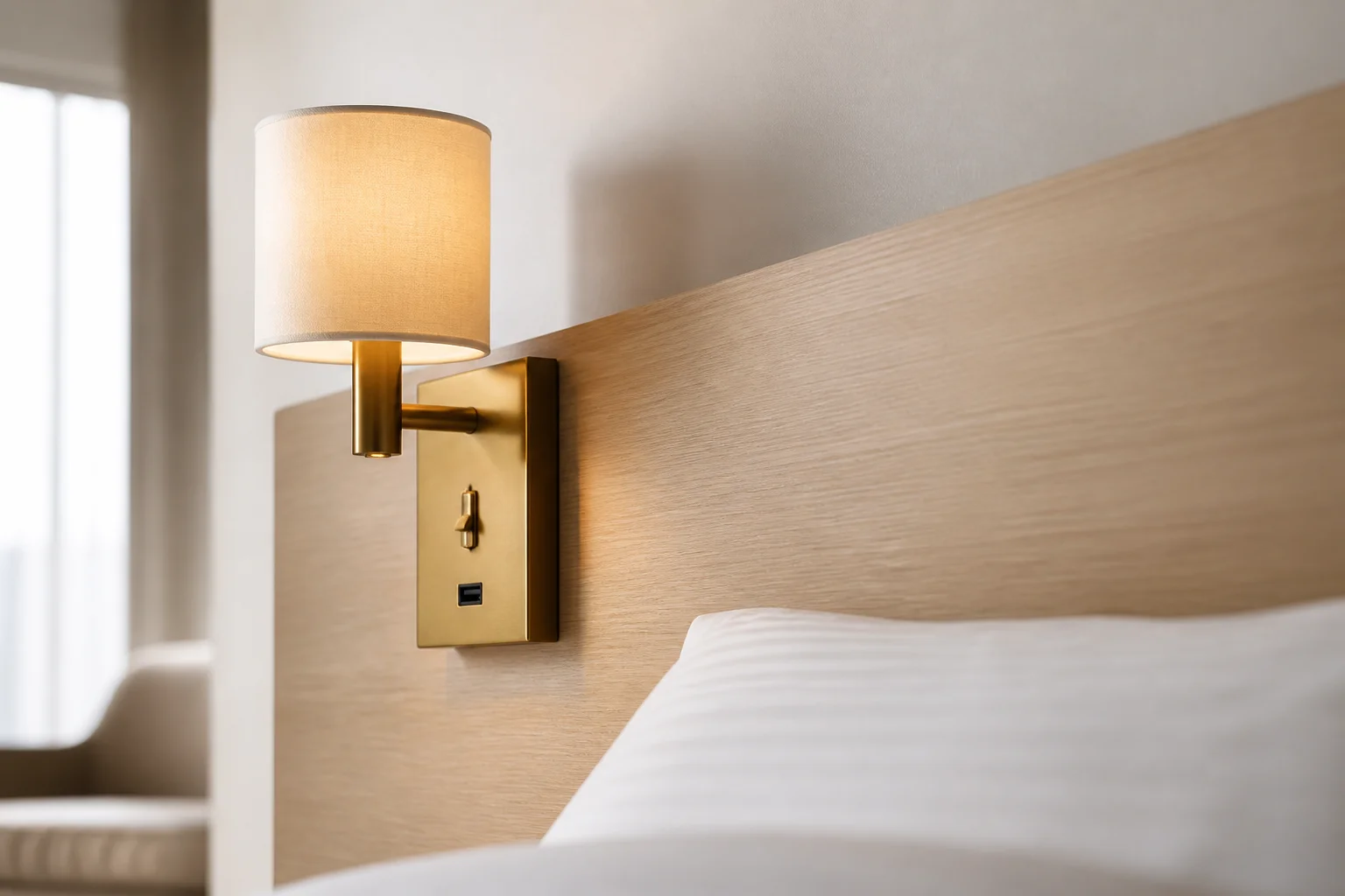 Brass wall sconce with a fabric shade and an integrated switch and charging port on a headboard