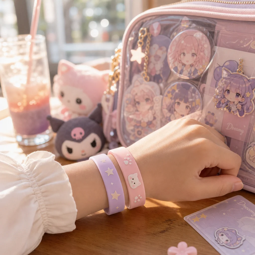 Anime fan wearing stacked kawaii wristbands next to an itabag and plushies