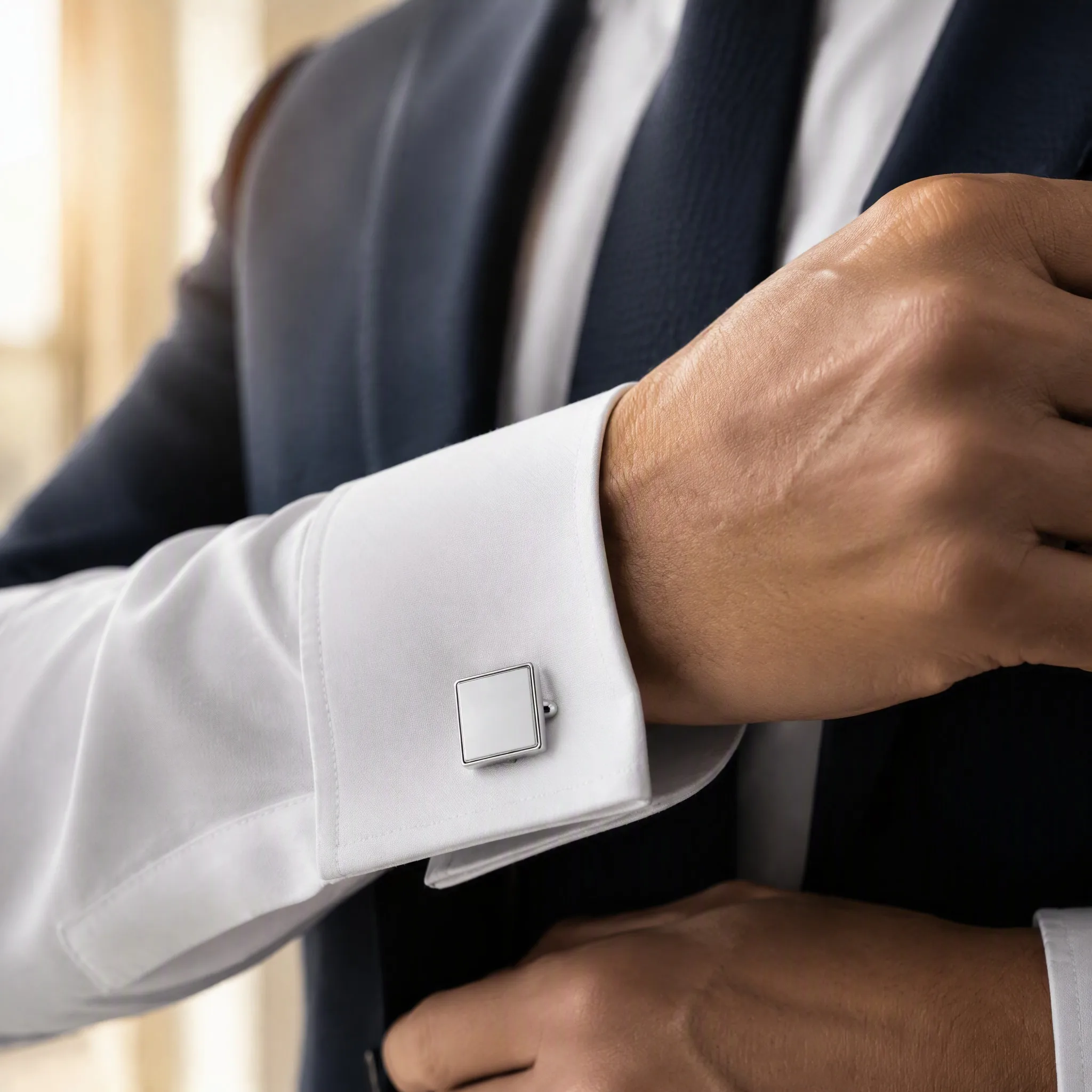 Silver magnetic cufflinks worn on white dress shirt cuff