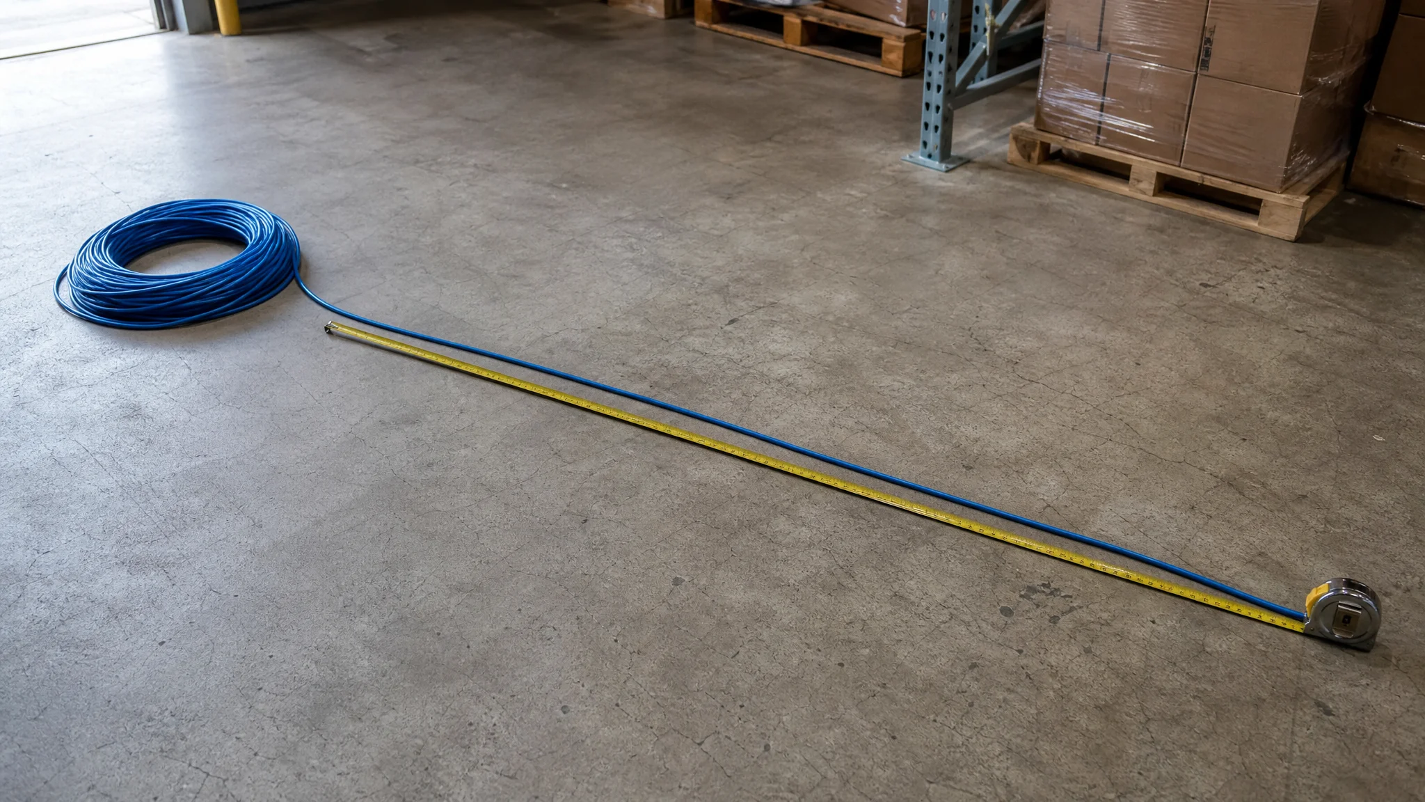 Cat6 cable measured with a retractable tape on a warehouse floor