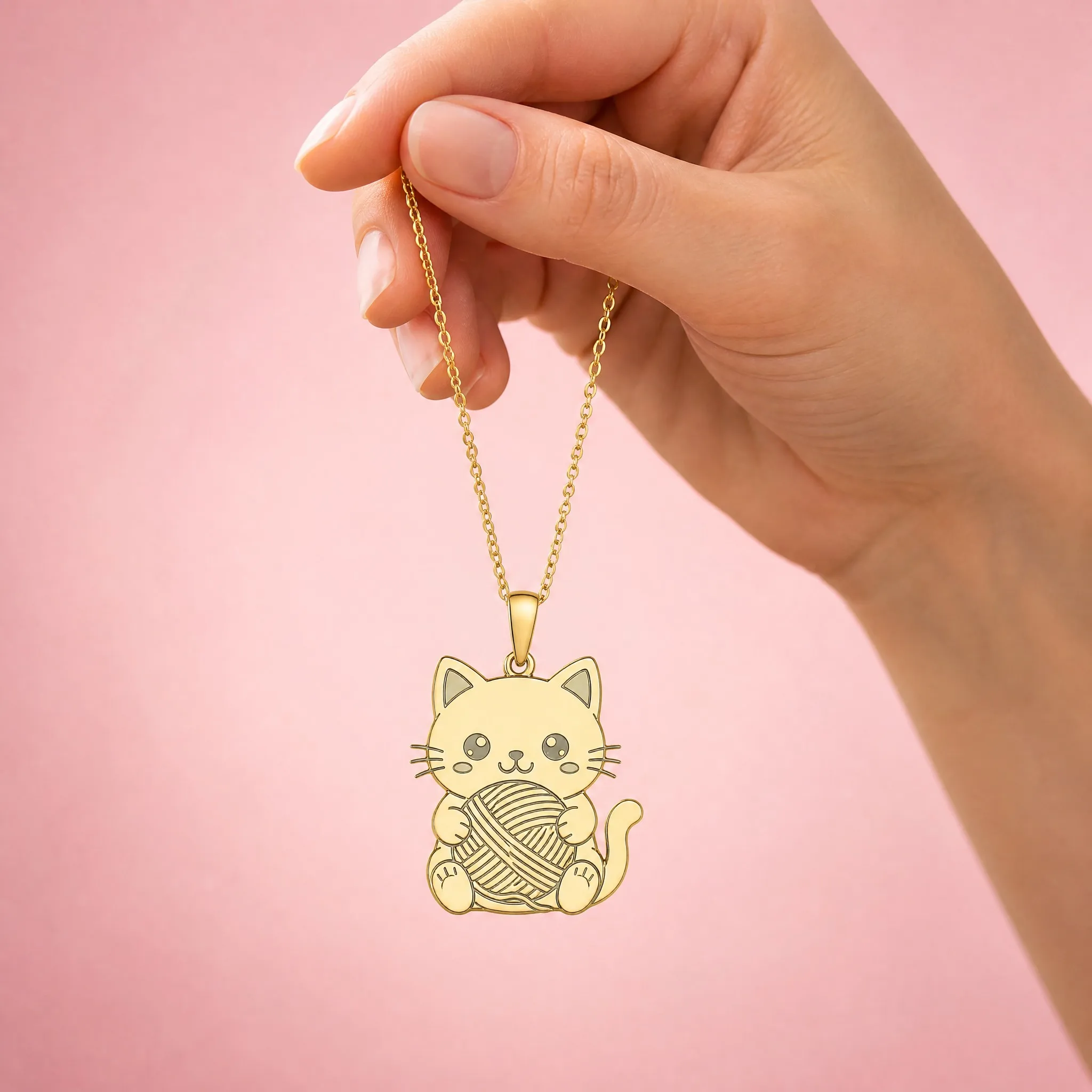 Hand holding the cat pendant necklace with pink background