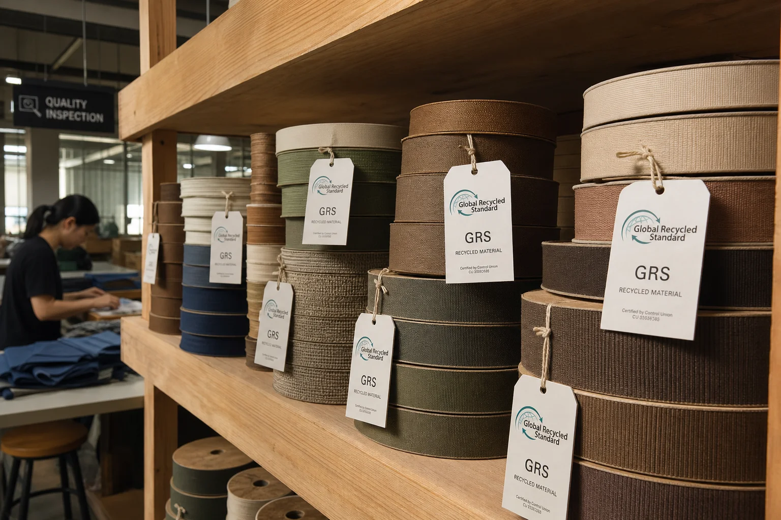 GRS-certified recycled ribbon rolls with certification labels in factory showroom