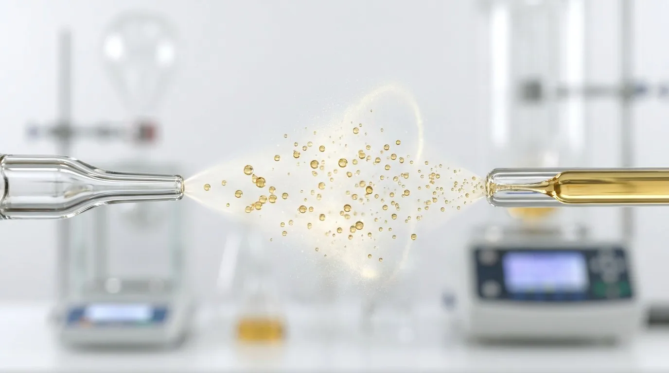 Macro photography of fragrance oil molecules being nebulized at high-pressure air interface